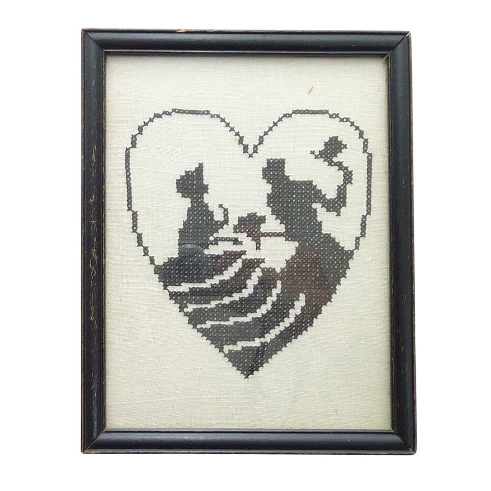 Vintage Silhouette Cross Stitch Framed Art Victorian Courting Couple Heart Black